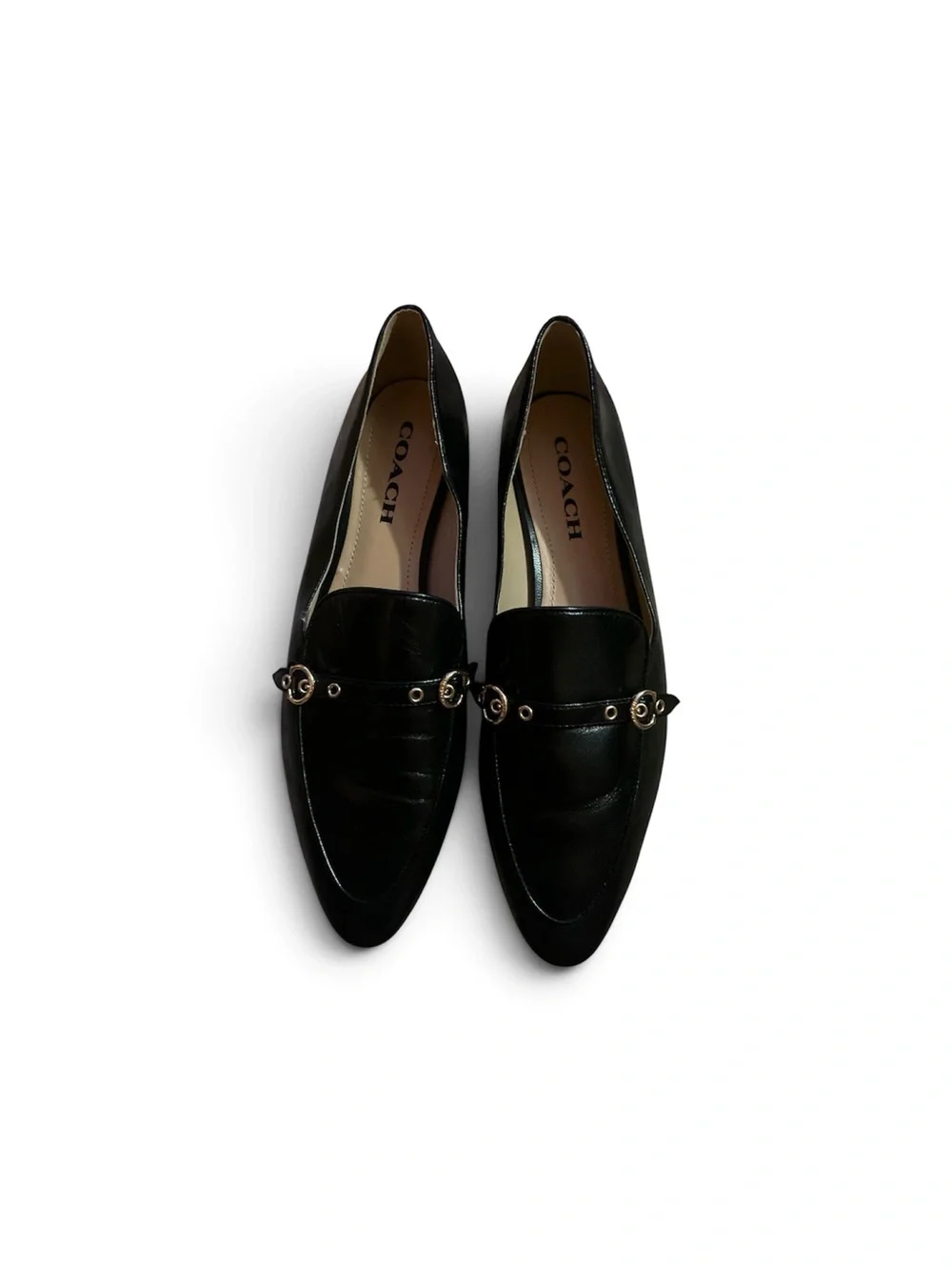Coach Black Leather Pointed-Toe Loafers with Metal Accent